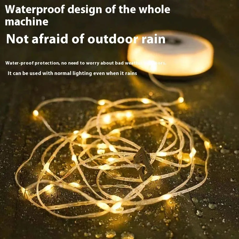 Rechargeable outdoor LED string lights with 30 beads on an 8m cord, showing warm white and colour-changing modes.