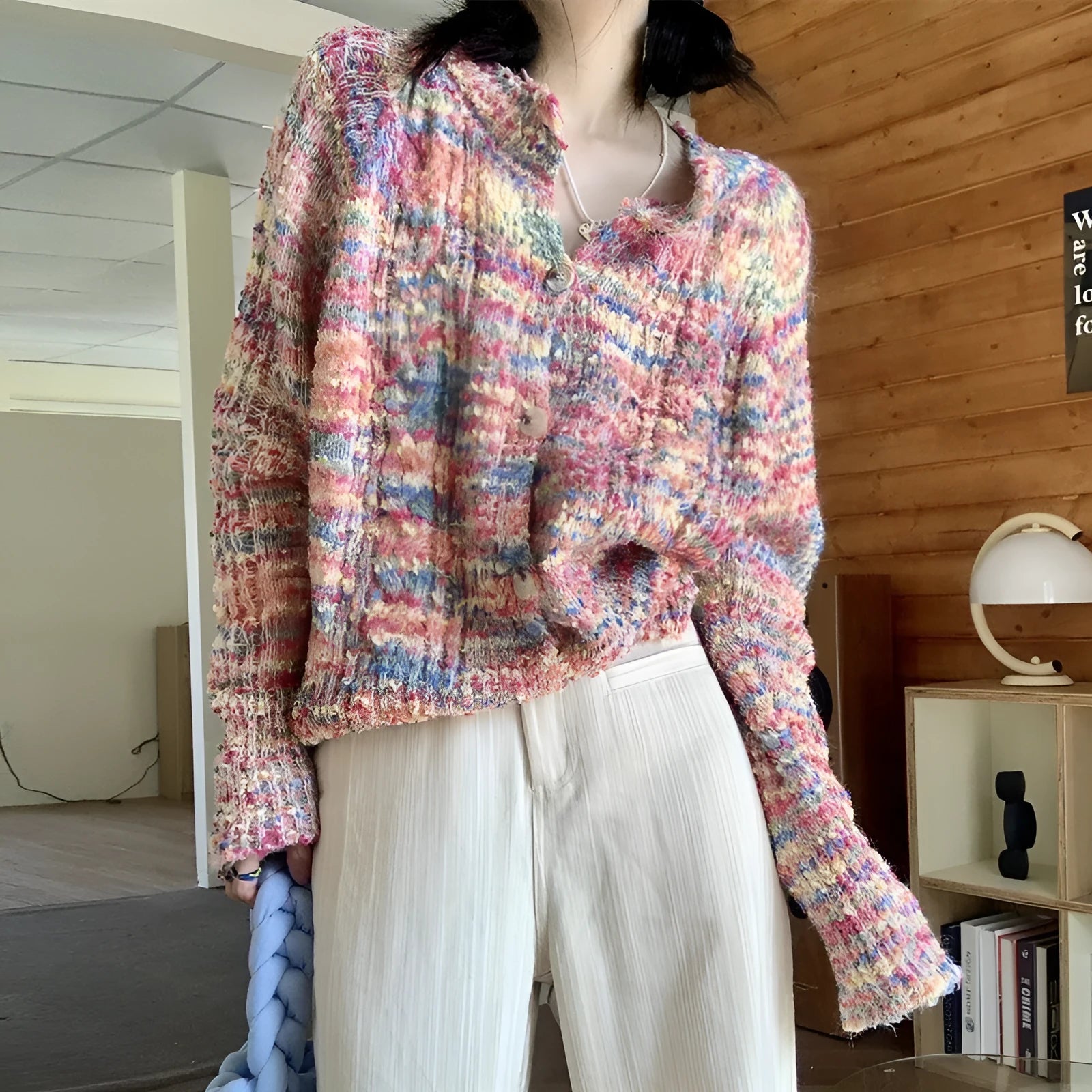 Rainbow knitted cardigan in acrylic fabric showing pink or green colour options with regular sleeves