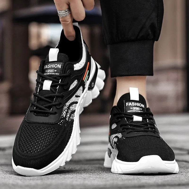 Men's white blue and black platform casual sports shoes with mesh upper and cross shoulder strap design