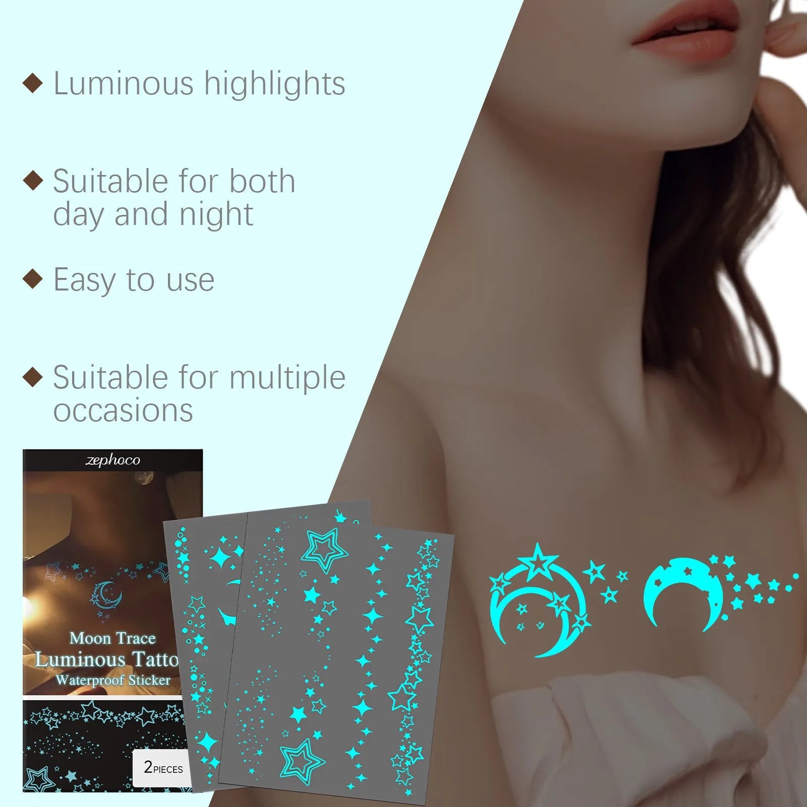 Two luminous glow-in-the-dark tattoo stickers with tattoo paste tube for party body art