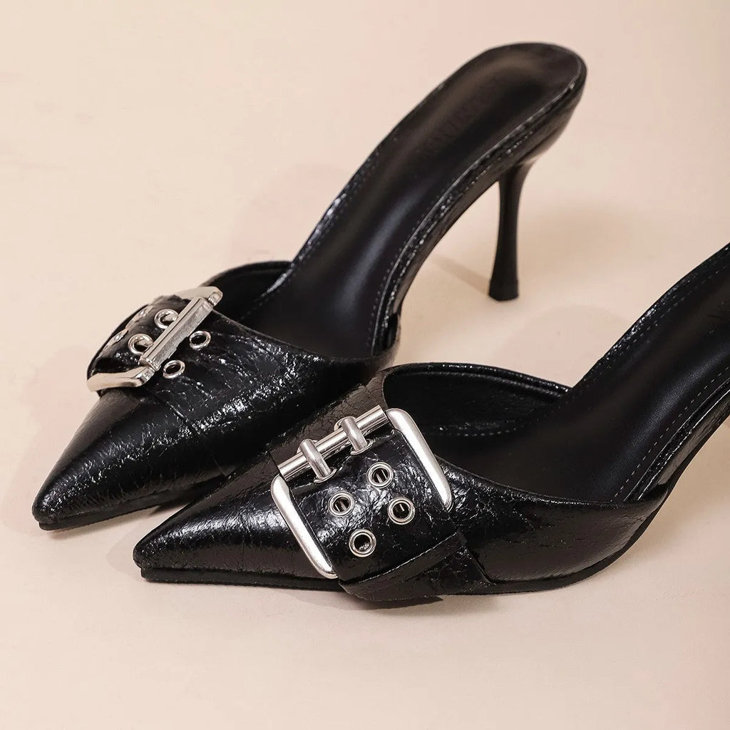 Black women's pointed high heels with metal buckle decoration on thin ankle strap