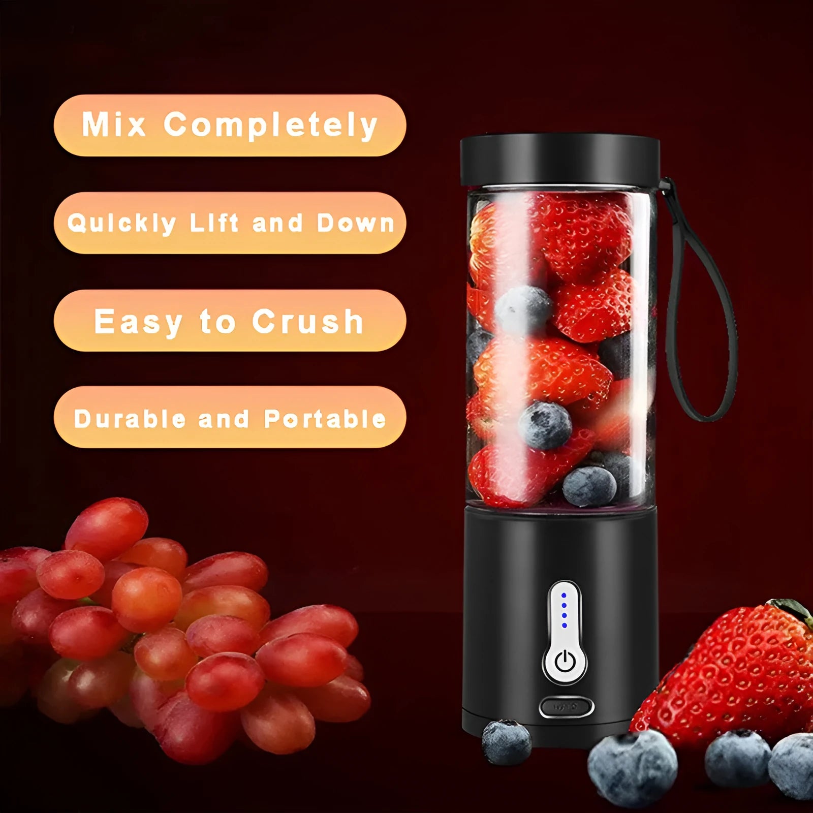 Portable rechargeable blender with 530ml cup in various colours including black, white, blue, and rose red