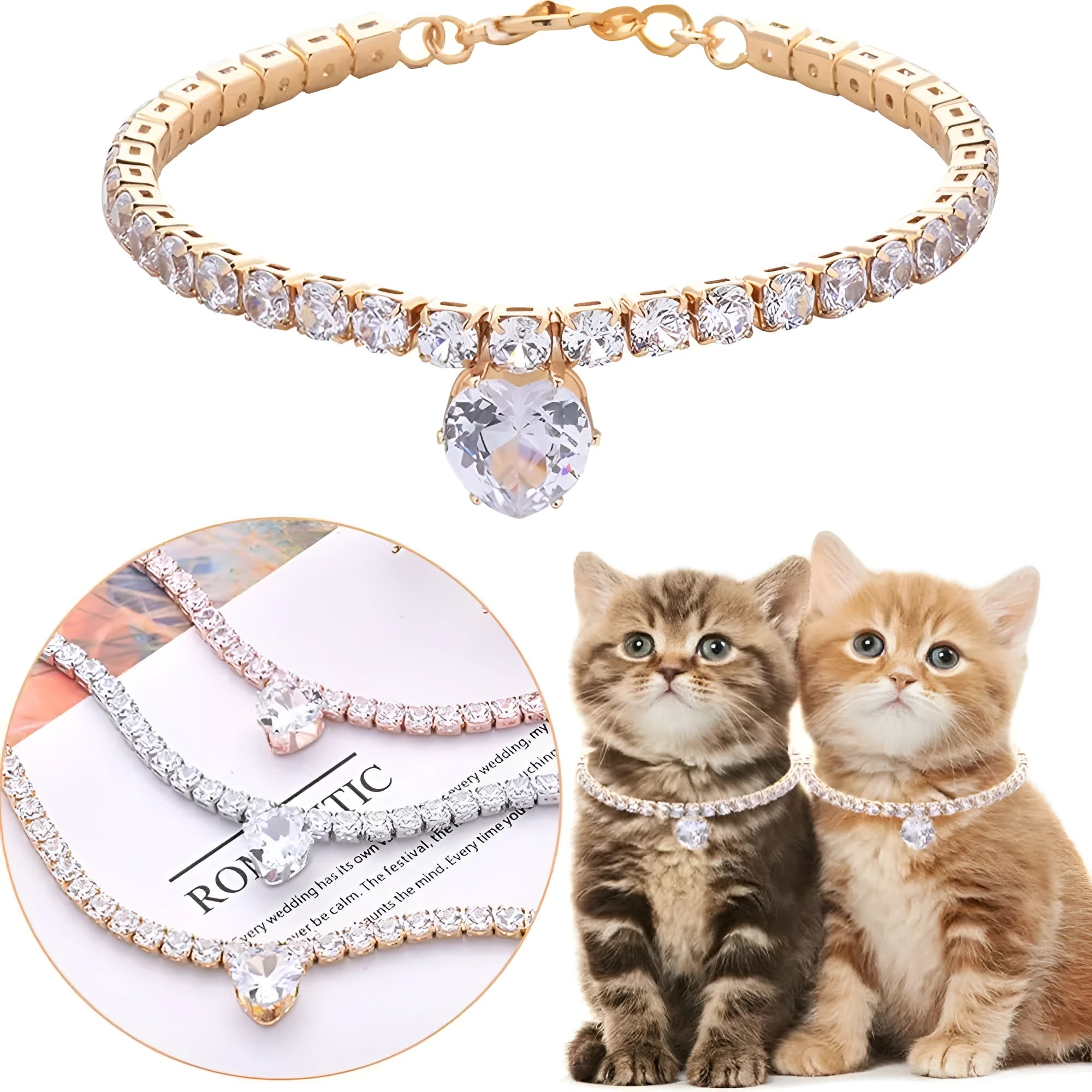 Gold heart-shaped rhinestone dog collar on a white background, showing shiny crystals and adjustable clasp.