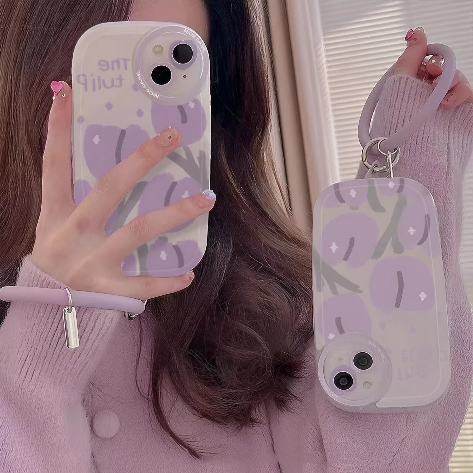 Purple tulip transparent ring phone case with matching bracelet for iPhone