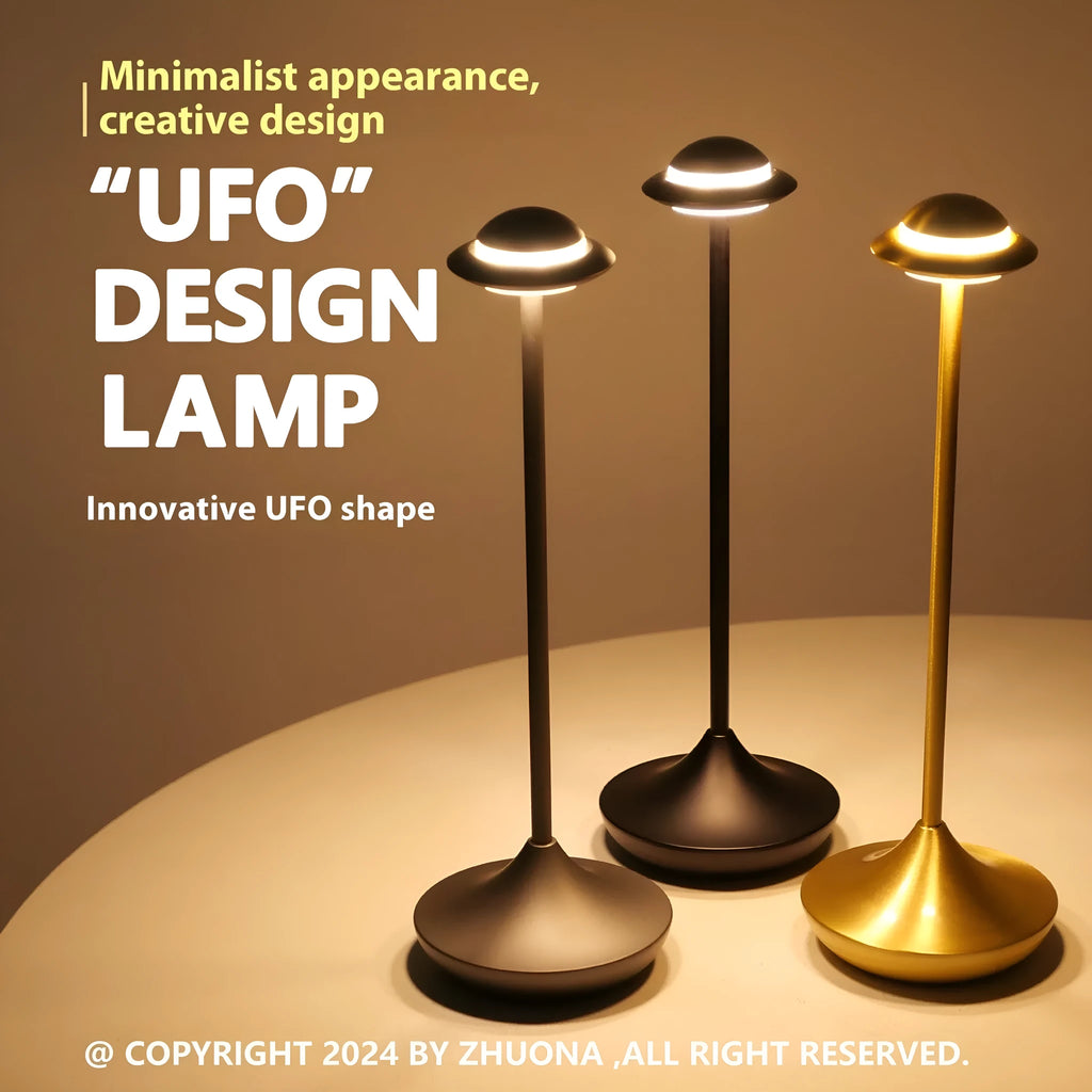 Modern metallic UFO-shaped table lamp with touch controls in black, gold, or grey finish.
