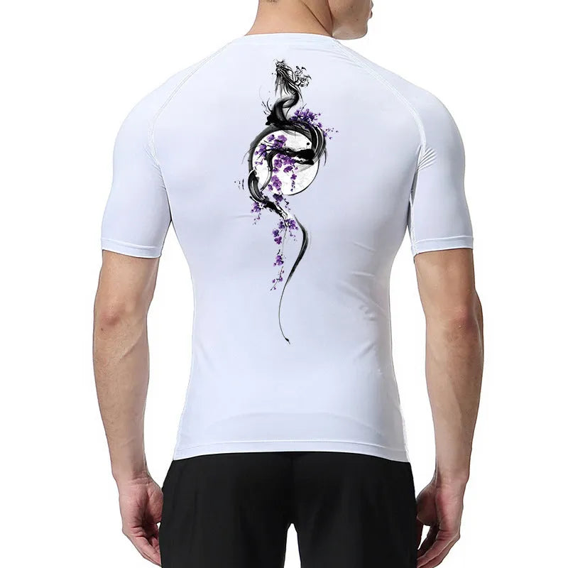 Men's loose short sleeve compression shirt with sword print design in multiple colour options