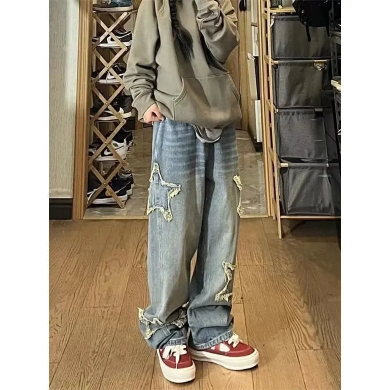 Blue cotton wide-leg denim trousers with high waist and straight-leg cut