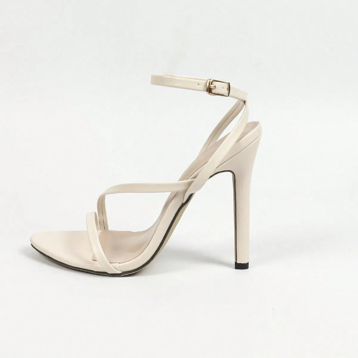 Women's metallic high heel sandals with cross ankle strap and open toe design