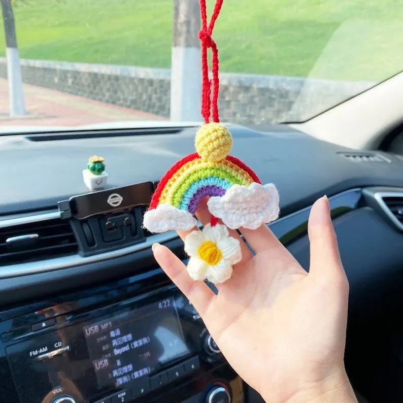 Handmade crocheted avocado rainbow flower car pendant made from wool yarn.