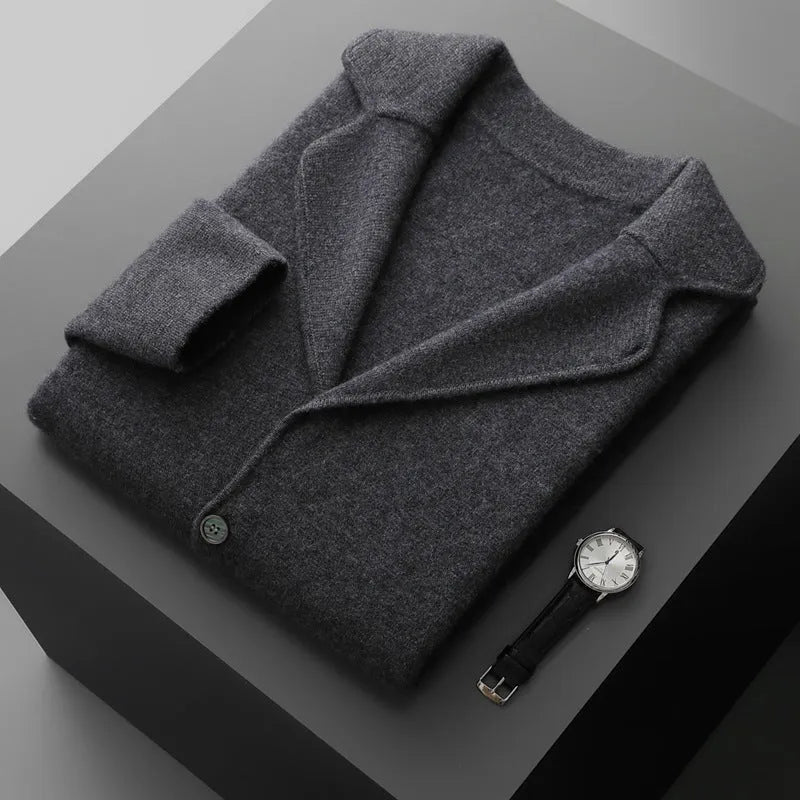 Men's loose grey cashmere cardigan sweater on a hanger