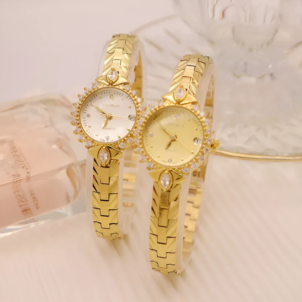 Women's vintage quartz watch with diamond bracelet in gold or white dial option