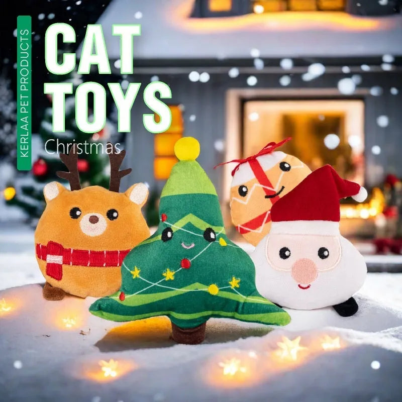Christmas cat plush toy with catnip in festive designs including elk, tree, Santa and egg