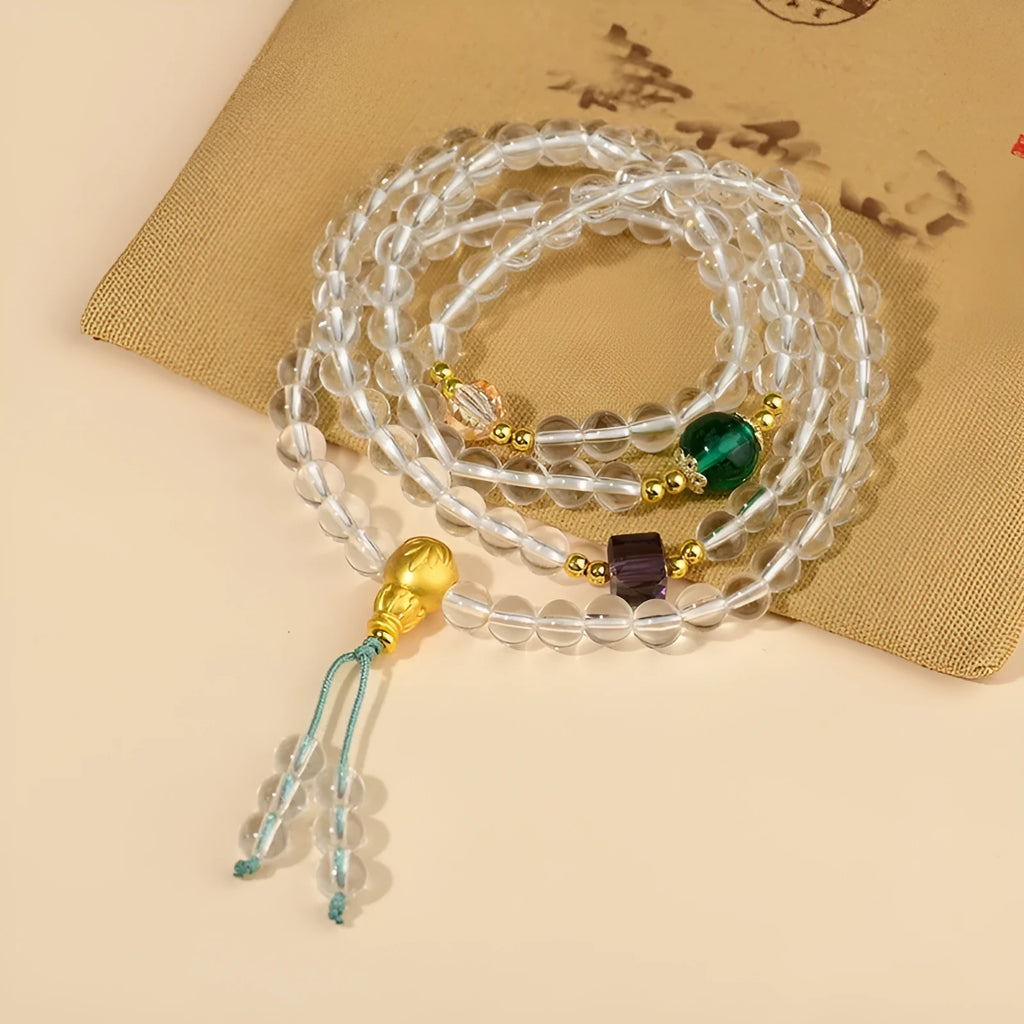 White crystal 108-bead rosary bracelet necklace with geometric shaping and ethnic design elements