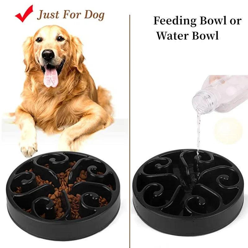 A coloured slow feeder dog bowl with a maze pattern and non-slip base, suitable for large, medium, and small dogs.