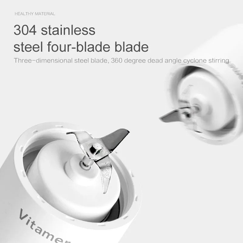 White USB rechargeable portable blender bottle with silicone carry ring, 350ml capacity.