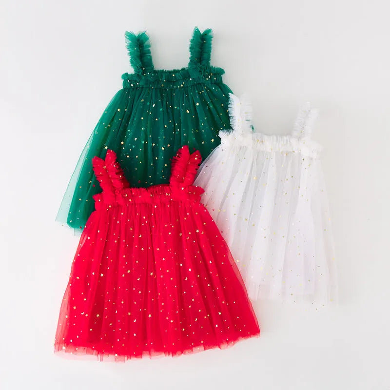 Child's new Christmas strapless dress in green, red, and white, acrylic fibre, sling style, size 100cm