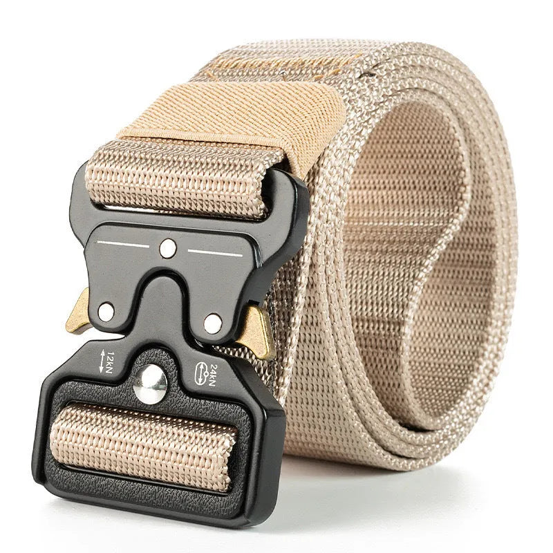 Men's canvas tactical belt with alloy buckle in multiple colour options showing 120cm length
