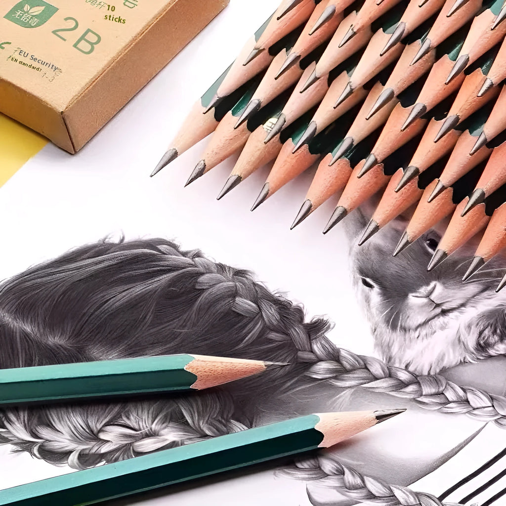 Green hexagonal wooden pencils in a box, HB and 2B grades for sketching and writing