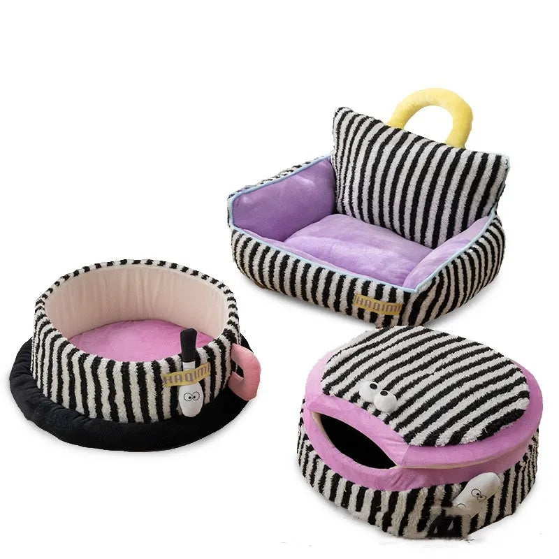 Super soft striped pet cat kennel free size sofa nest and big mouth nest set