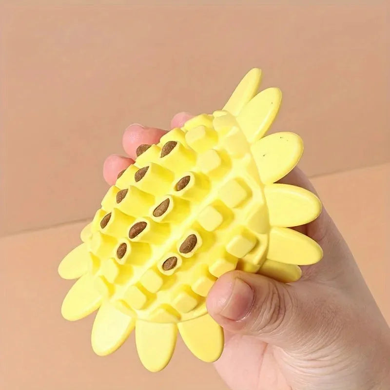 Yellow rubber sunflower dog chew toy with 10cm diameter head and 5cm stem