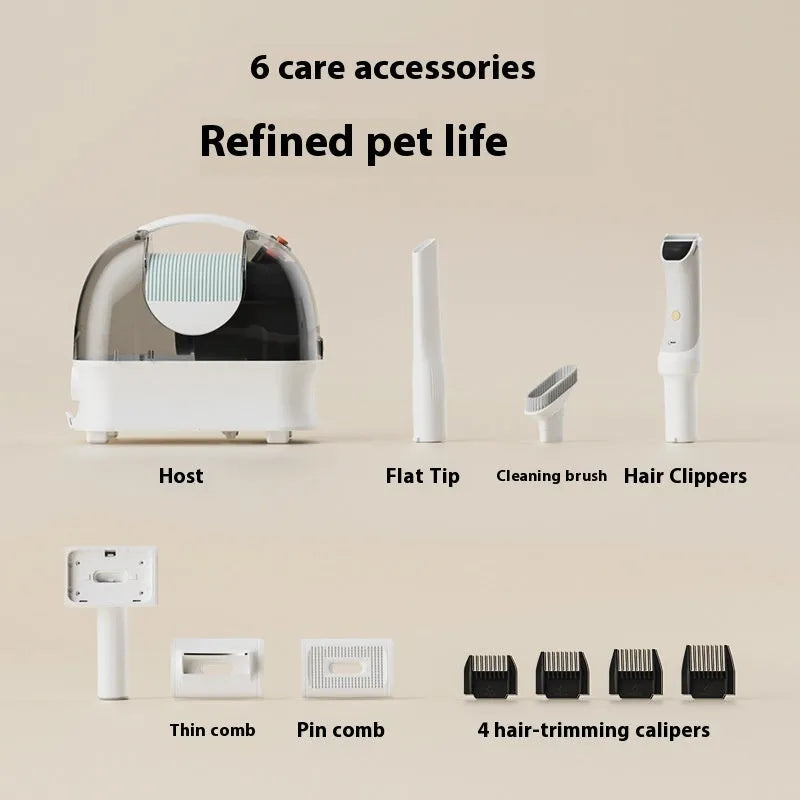 Pink and white pet grooming vacuum cleaner with electric shaver and grooming attachments