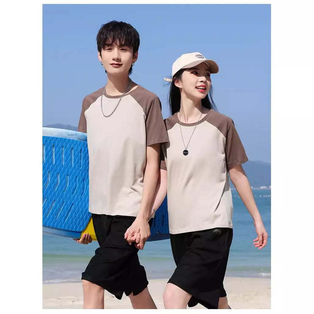Loose fit round neck cotton blend t-shirt in A050 apricot army green, laid flat.
