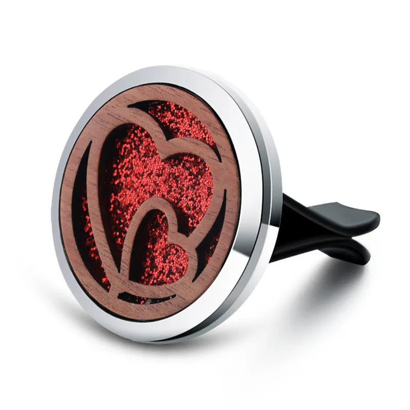 Round alloy and wood car aromatherapy clip for incense sticks, shown in a selected colour.