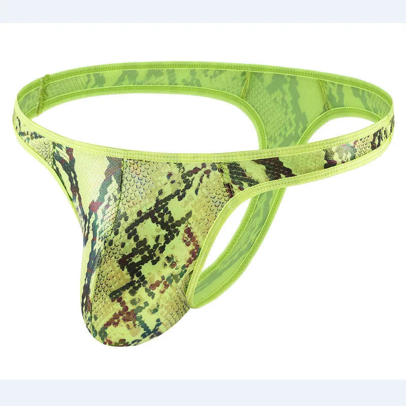 Men's green camouflage snake print thong underwear on a white background
