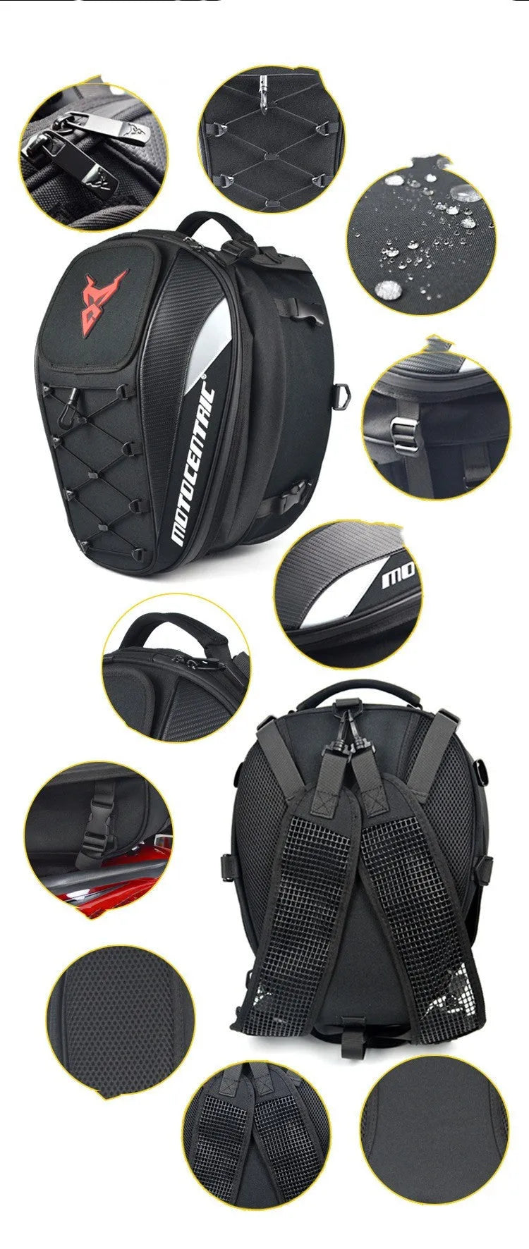 Motorcycle tail bag in Oxford cloth, 29x20x43cm, with rear seat mounting belt and shoulder strap, shown in blue, green, grey, or red.