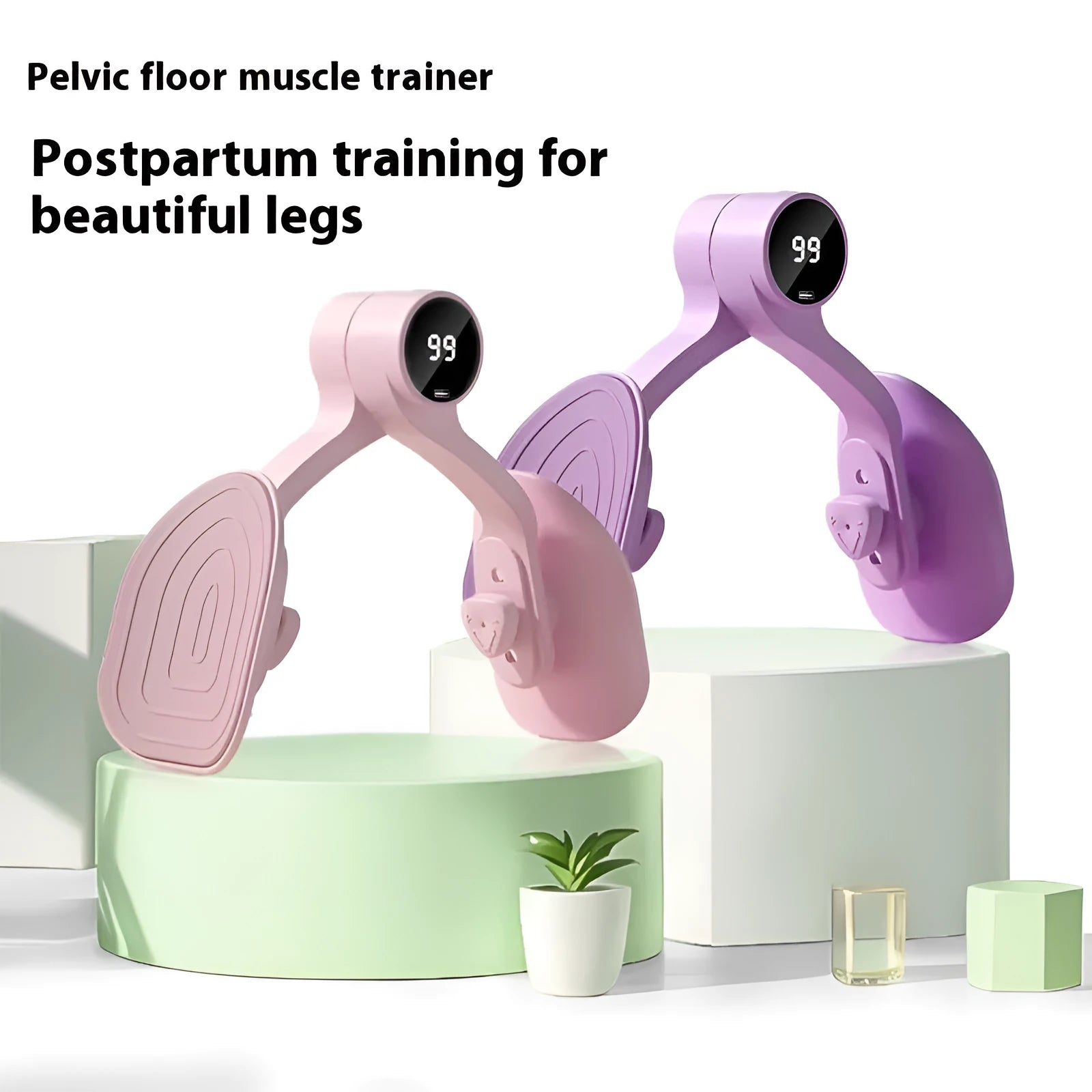 Pink and purple pelvic floor muscle trainer with rubber-coated handles and three resistance settings