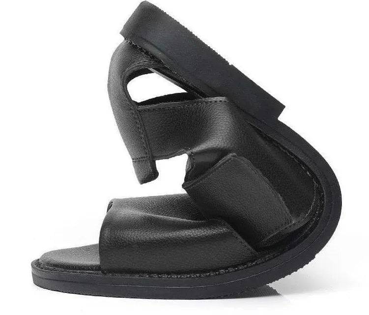 Men's black and brown leather casual sandals with open-toe design and rubber soles