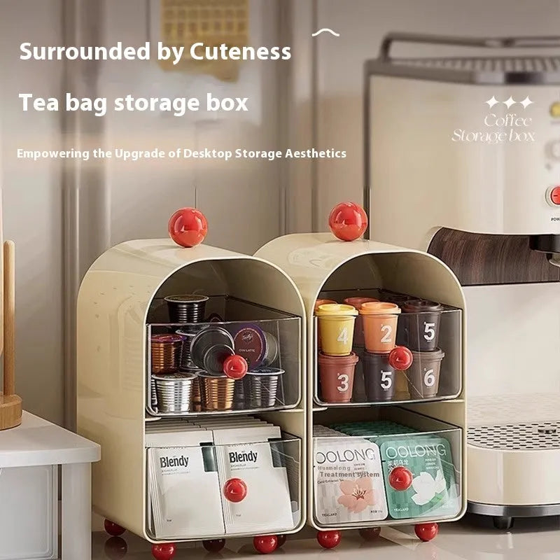 Large capacity clear plastic storage box in milky white and red for office tea room, drawer design