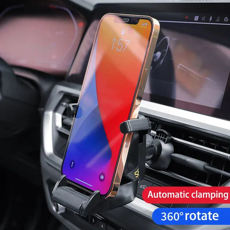 Racing seat shaped 360 degree rotatable car air vent phone holder with gold tape colour option