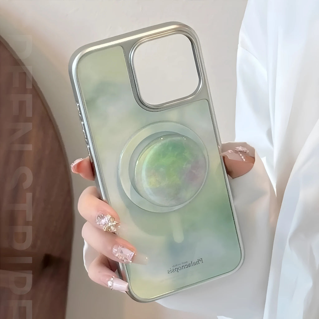Green stone pattern phone case with silver electroplated edge and magnetic suction bracket for Apple iPhone
