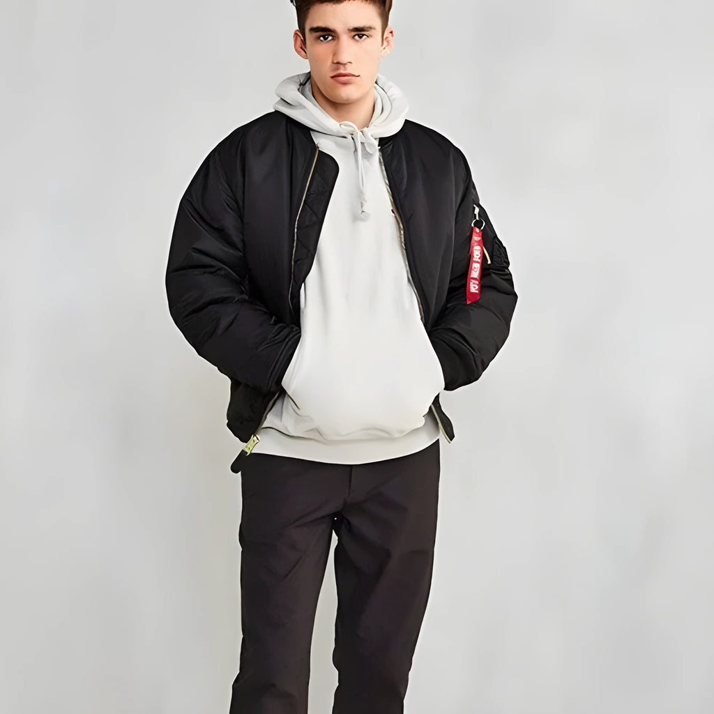 Men's loose-fit cotton-padded pilot jacket in nylon, shown in Army Green colour.