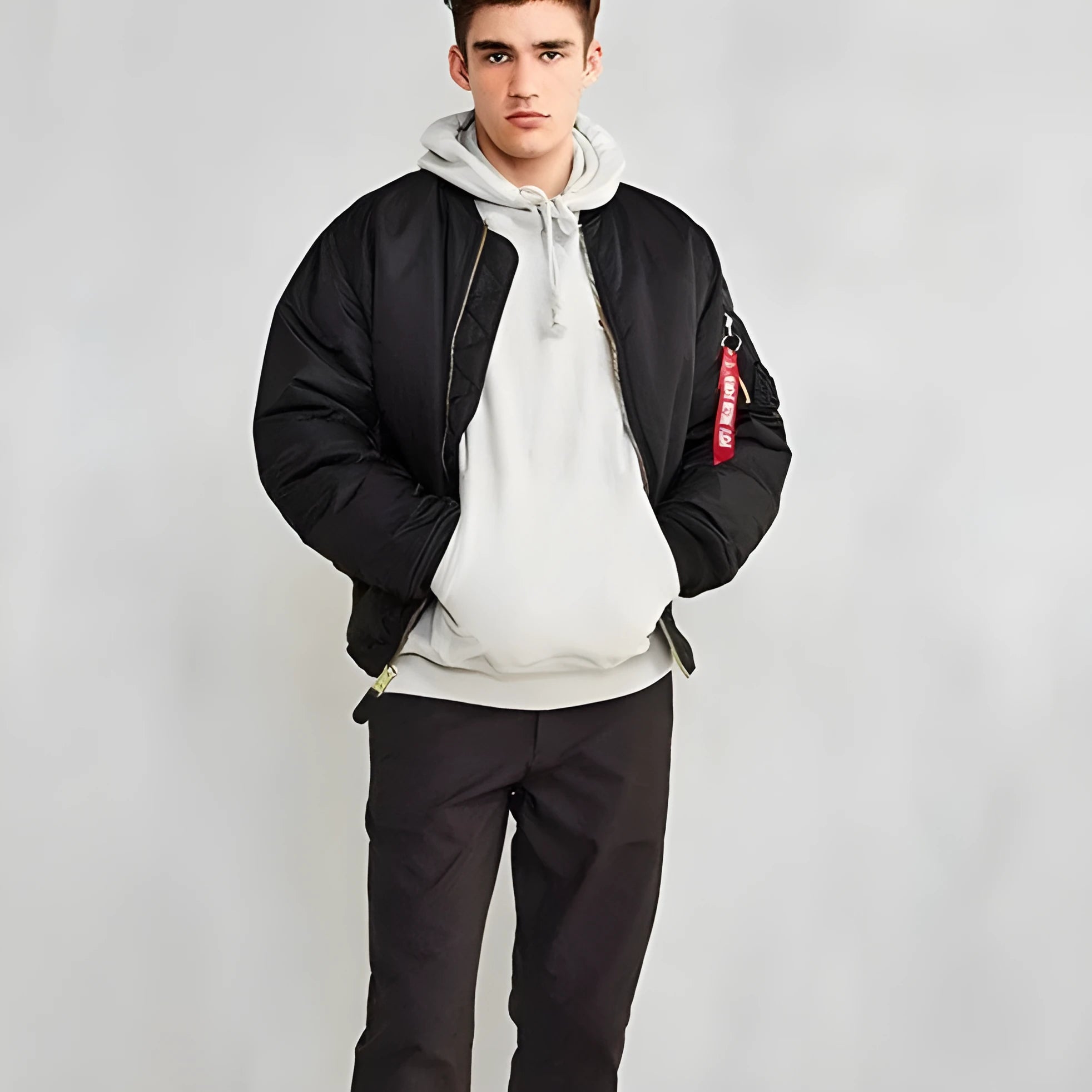 Men's loose-fit cotton-padded pilot jacket in nylon, shown in Army Green colour.
