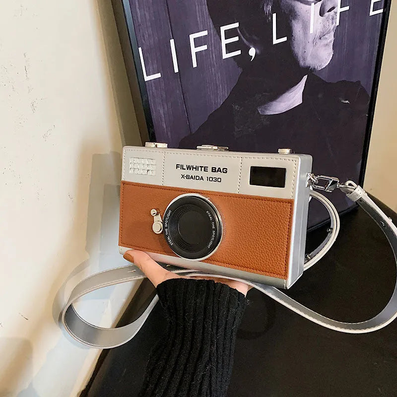 Mini crossbody camera bag in horizontal square shape with chain shoulder strap