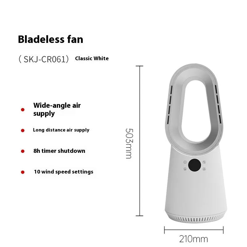 White bladeless tower fan with remote control placed on a desk next to a laptop.