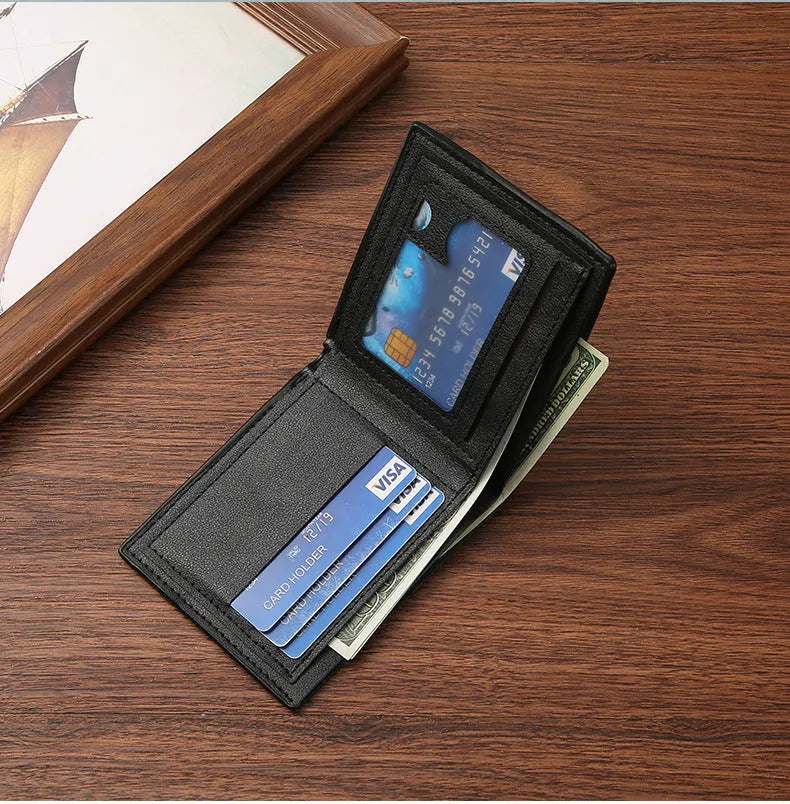 Snakeskin pattern men's short wallet in PU leather with card slots and coin pocket, black colour, front view
