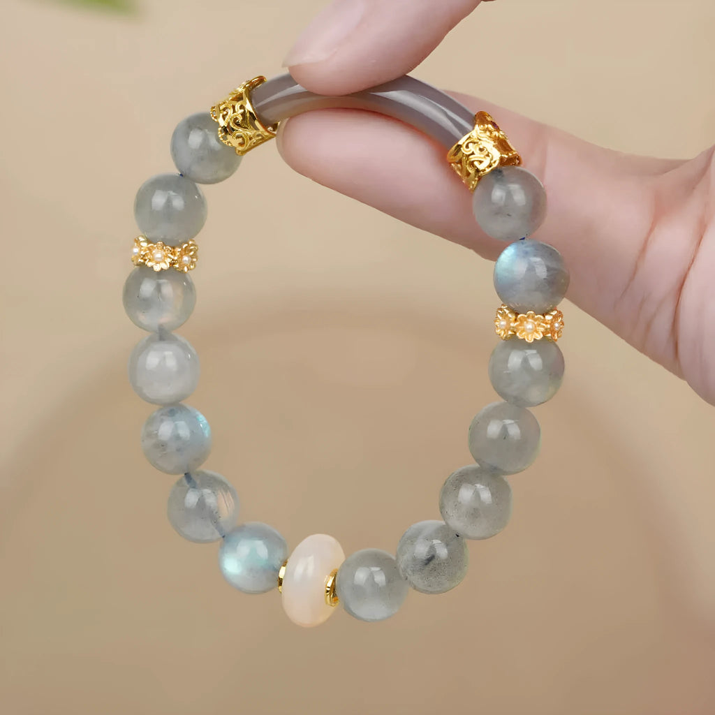 Grey moonstone bracelet for women with 8mm round beads in half-bracelet design