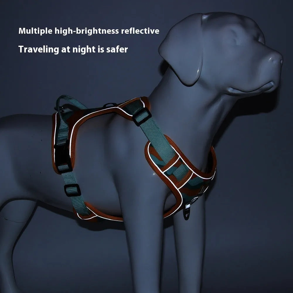 Reflective orange dog harness and leash with hand-holding rope on a chest and back design.