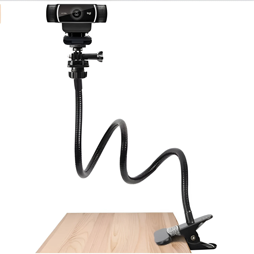 Black universal metal webcam support hose bracket with cellphone holder attached to desk