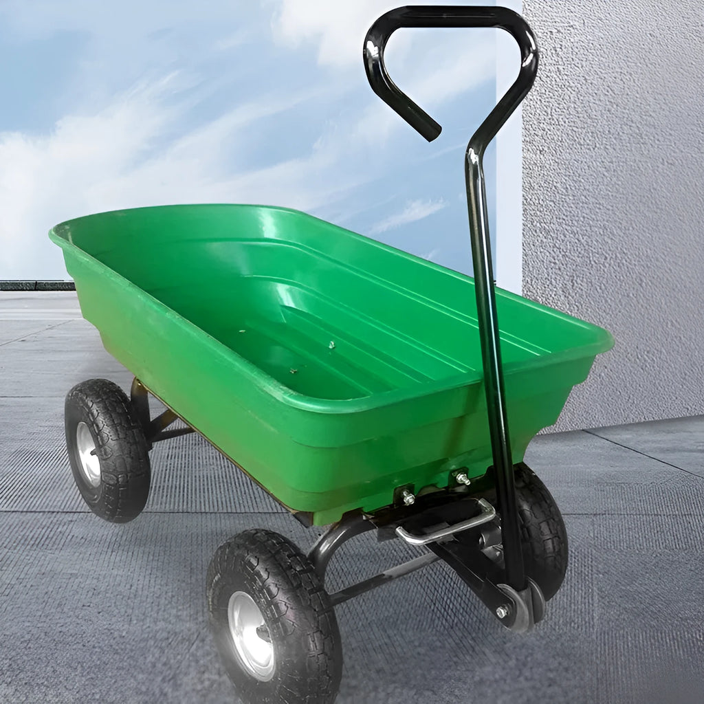 Green four-wheel plastic dump truck with steel frame, model TC2145, for farm and garden use.