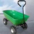 Green four-wheel plastic dump truck with steel frame, model TC2145, for farm and garden use.