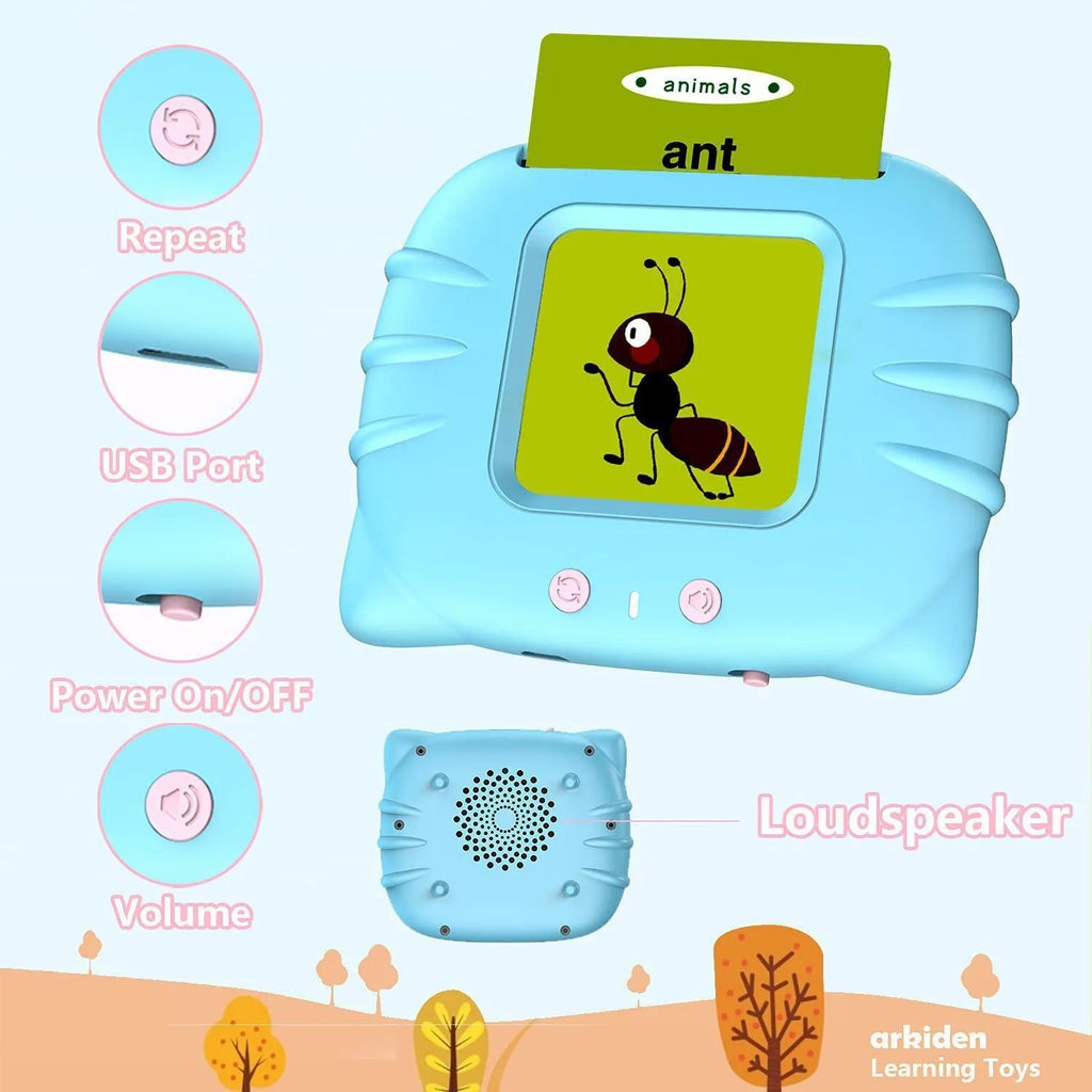 Blue children's English learning machine with audio cards showing dimensions 18cm long × 9.7cm wide