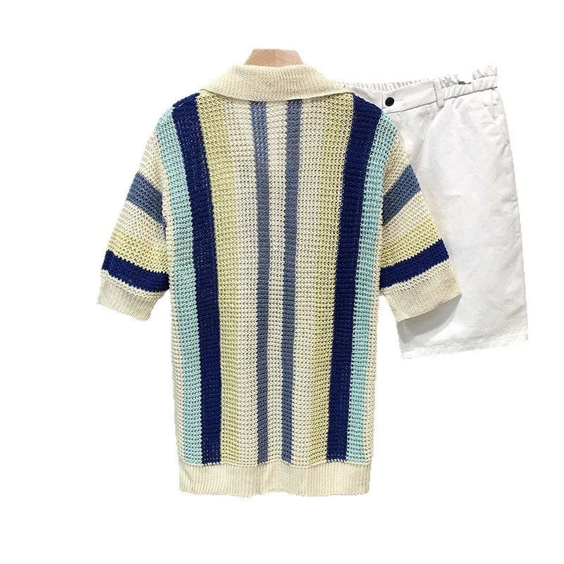 Dopamine Stripe Loose Casual Shirt for Men – pullover half sleeve top in yellow, polyester fabric