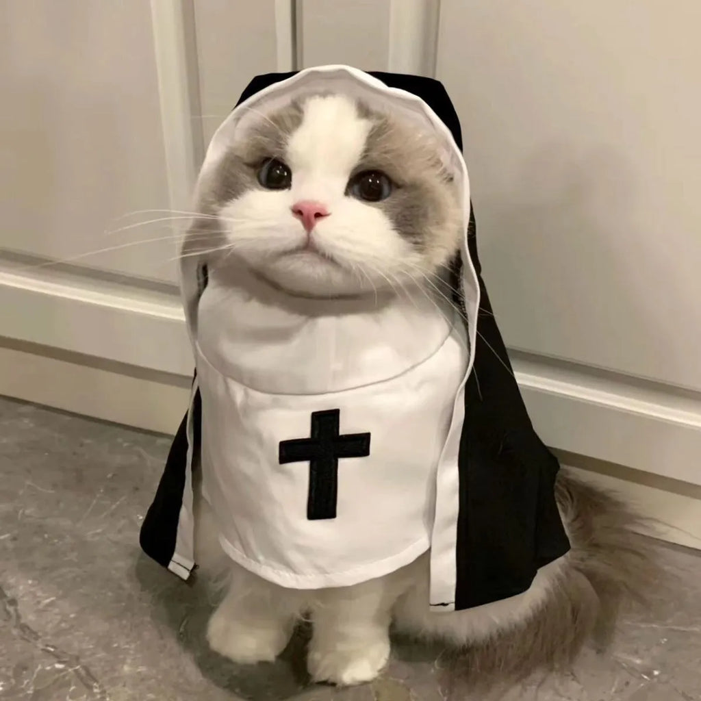 Black and white nun cloak costume for a small dog on a mannequin