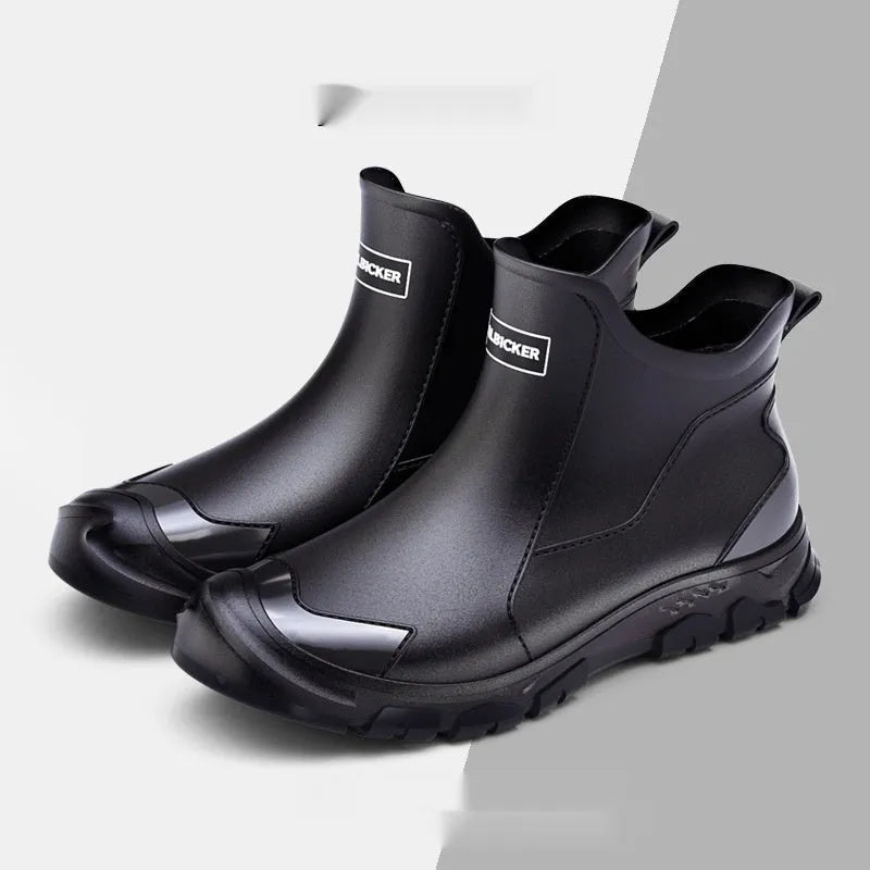 Korean style PVC short tube rain boots with plastic non-slip soles in black red colour option