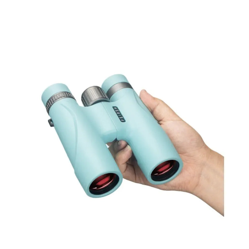 Blue 10x32 plastic binoculars with wine red film lenses showing 96m field of view specification.