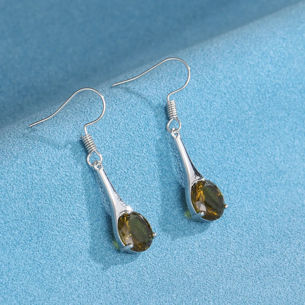 Olive green retro-style drop earrings with a minimalist water drop shape on a white background.
